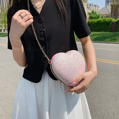 Елегантни пайети Любов Вечерна чанта клъч във формата на сърце Диаманти Дамски чанти за дами Модна чанта за кръст през рамо