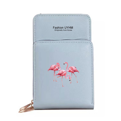 Geantă de umăr pentru femei Portofele din piele Pu Pachet de carduri Ecran tactil Genți pentru telefonul mobil cu imprimeu Flamingo Portmonee rezistente la apă