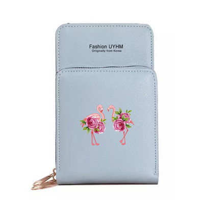 Geantă de umăr pentru femei Portofele din piele Pu Pachet de carduri Ecran tactil Genți pentru telefonul mobil cu imprimeu Flamingo Portmonee rezistente la apă