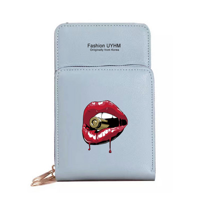 Geantă de umăr pentru femei Portofele noi din piele Pu Pachet de carduri Ecran tactil impermeabil Genți pentru telefonul mobil cu imprimeu în gură Geantă pentru bani Poșetă pentru femei