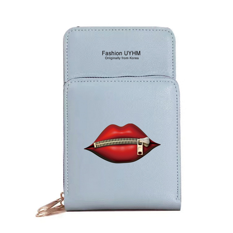 Geantă de umăr pentru femei Portofele noi din piele Pu Pachet de carduri Ecran tactil impermeabil Genți pentru telefonul mobil cu imprimeu în gură Geantă pentru bani Poșetă pentru femei