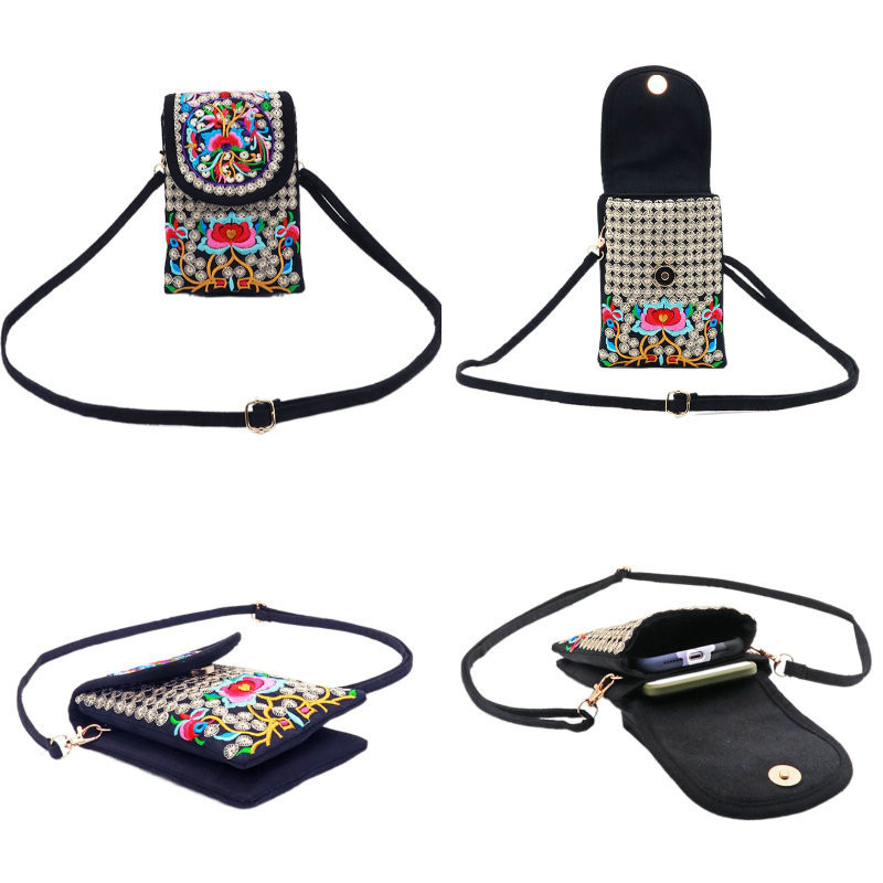 Daami mobiiltelefoni kott Crossbody Õlakott Rahakott Käekott Käekott Etnilises stiilis Tikitud kott Flip lõuendist kott Retro Väike