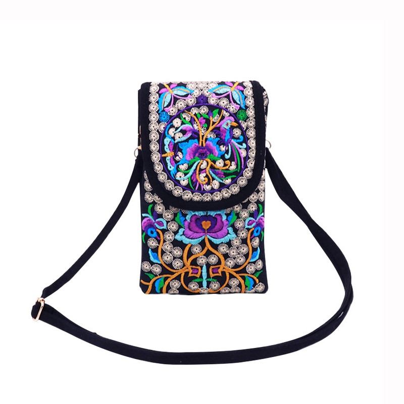 Daami mobiiltelefoni kott Crossbody Õlakott Rahakott Käekott Käekott Etnilises stiilis Tikitud kott Flip lõuendist kott Retro Väike