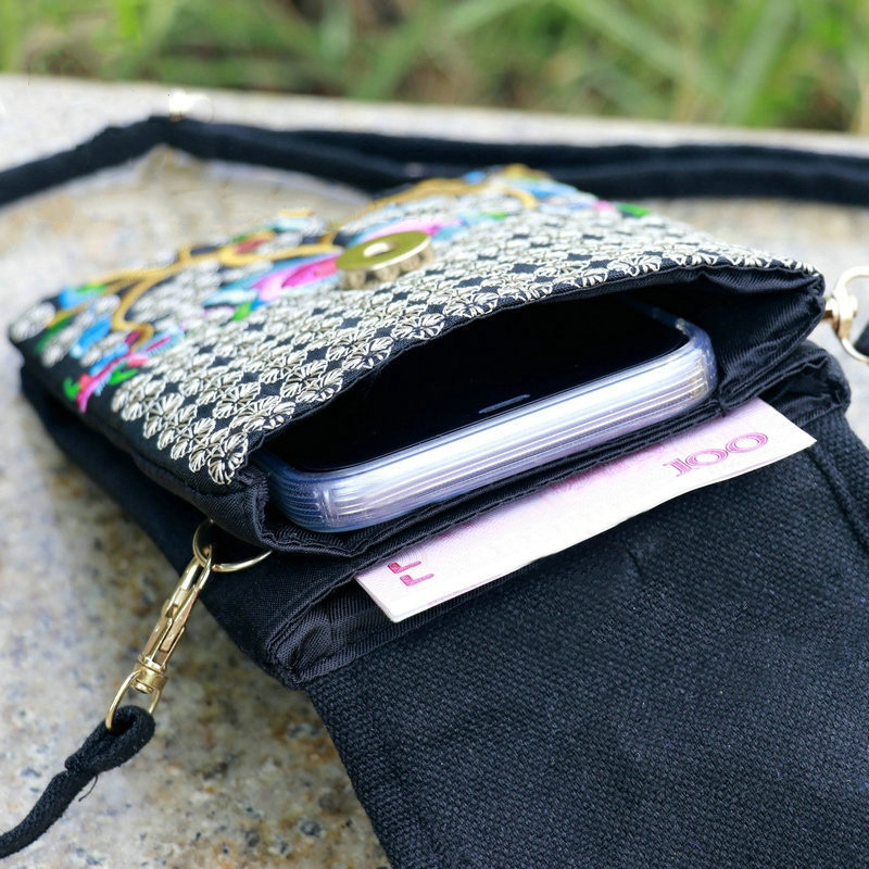 Daami mobiiltelefoni kott Crossbody Õlakott Rahakott Käekott Käekott Etnilises stiilis Tikitud kott Flip lõuendist kott Retro Väike