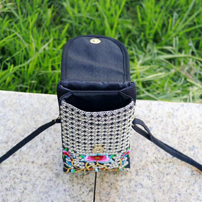 Daami mobiiltelefoni kott Crossbody Õlakott Rahakott Käekott Käekott Etnilises stiilis Tikitud kott Flip lõuendist kott Retro Väike