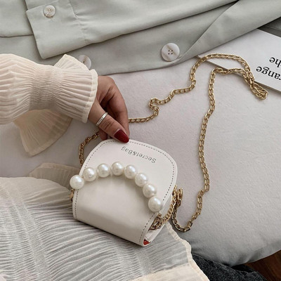 Model Mini genți de umăr pentru femei, de culoare solidă, Messenger, perle, pentru femei, ghiozdan cu lanț, din piele PU, geantă de mână