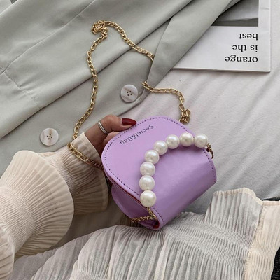 Model Mini genți de umăr pentru femei, de culoare solidă, Messenger, perle, pentru femei, ghiozdan cu lanț, din piele PU, geantă de mână