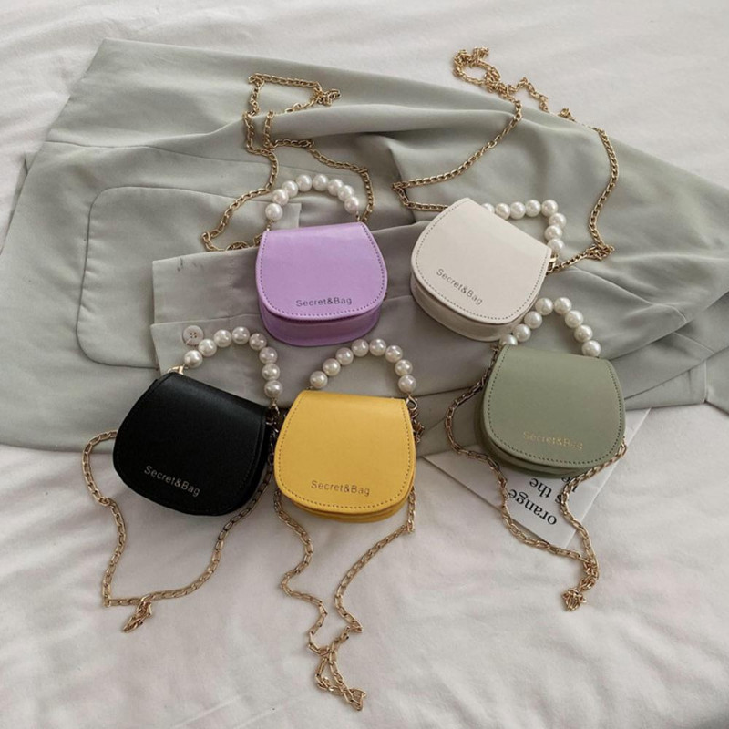 Model Mini genți de umăr pentru femei, de culoare solidă, Messenger, perle, pentru femei, ghiozdan cu lanț, din piele PU, geantă de mână