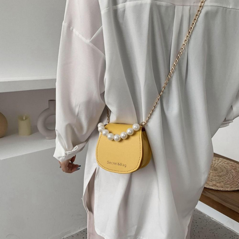 Model Mini genți de umăr pentru femei, de culoare solidă, Messenger, perle, pentru femei, ghiozdan cu lanț, din piele PU, geantă de mână