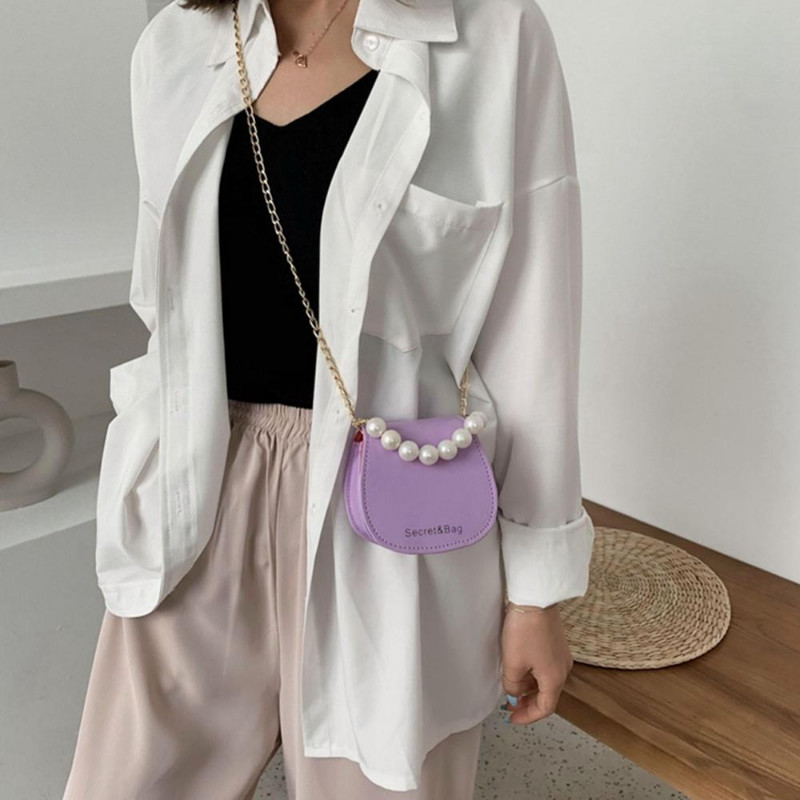 Model Mini genți de umăr pentru femei, de culoare solidă, Messenger, perle, pentru femei, ghiozdan cu lanț, din piele PU, geantă de mână