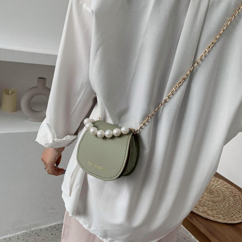 Model Mini genți de umăr pentru femei, de culoare solidă, Messenger, perle, pentru femei, ghiozdan cu lanț, din piele PU, geantă de mână