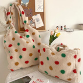 Suure mahutavusega naiste täpiline plüüsist õlakott Lambavillast vest Käekott Ostukotid Talvine soe kohev kandekott