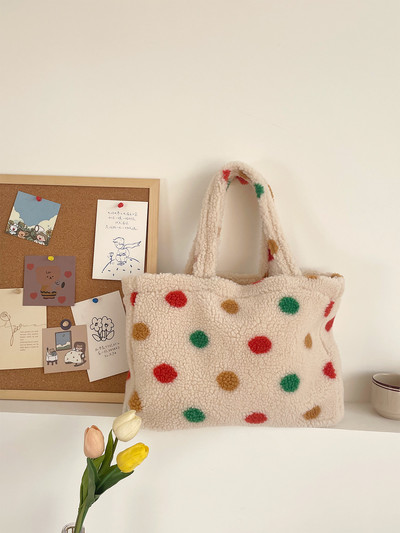 Suure mahutavusega naiste täpiline plüüsist õlakott Lambavillast vest Käekott Ostukotid Talvine soe kohev kandekott