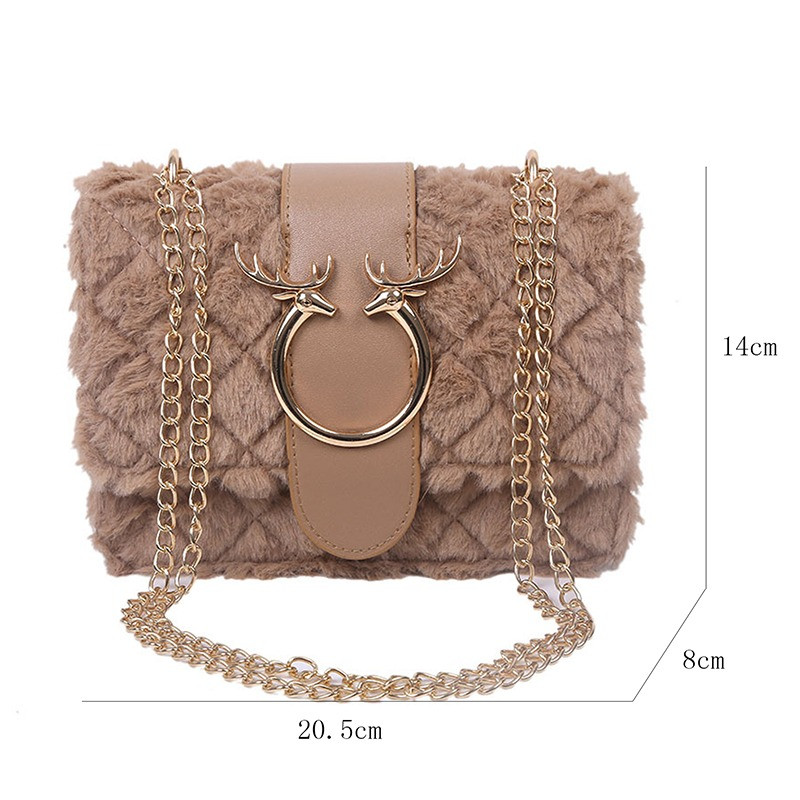 Γυναικείες τσάντες ώμου επώνυμων σχεδιαστών από μαλακή βελούδινη γούνα Τσάντα χειρός με αλυσίδα με κλειδαριά ελάφια Γυναικεία ρετρό τσάντα αγγελιοφόρου Τσάντες χιαστί για αγορές