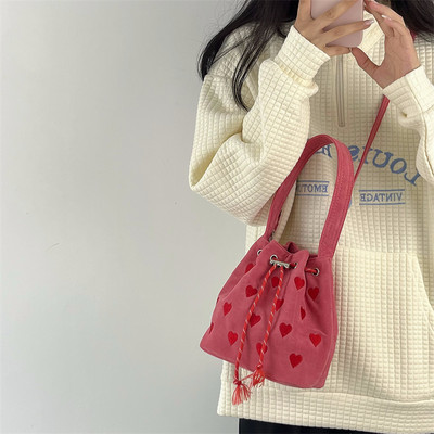 Roosa südamega tikitud naiste ämbrikott Käekotid Mood Armastus Naiste Sõnumikott Pingutusnöör Naistele Tüdrukutele Väikesed Õlakotid