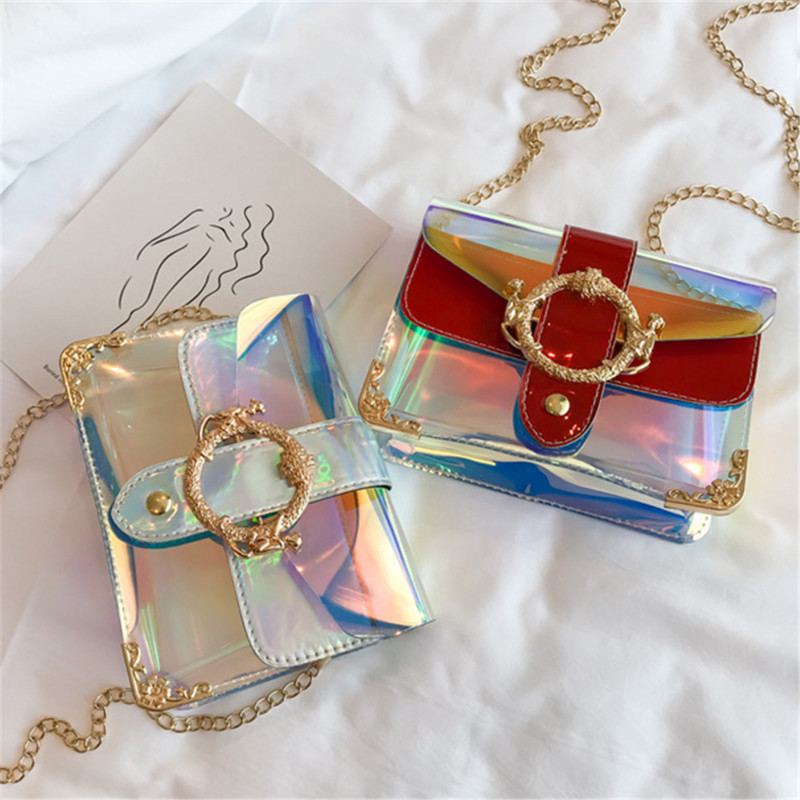 Modes lāzera caurspīdīga soma PVC želejas krāsas plecu soma sievietēm pludmales ūdensizturīgs Crossbody Messenger sajūga ķēdes komplekts