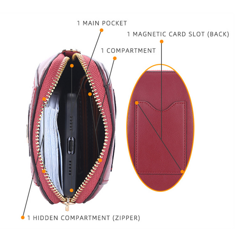 Дамска портмоне за мобилен телефон Messenger чанта с множество отделения Портфейл през рамо Малък PU кожен подарък за рожден ден