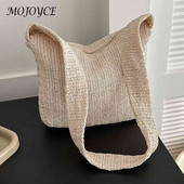 Käsitsi valmistatud kootud kandekott Naistele ühevärvilise õlgkott vabaaja naiste käekott Suure mahutavusega lapiline tõmblukk Naiste reisiõlakott