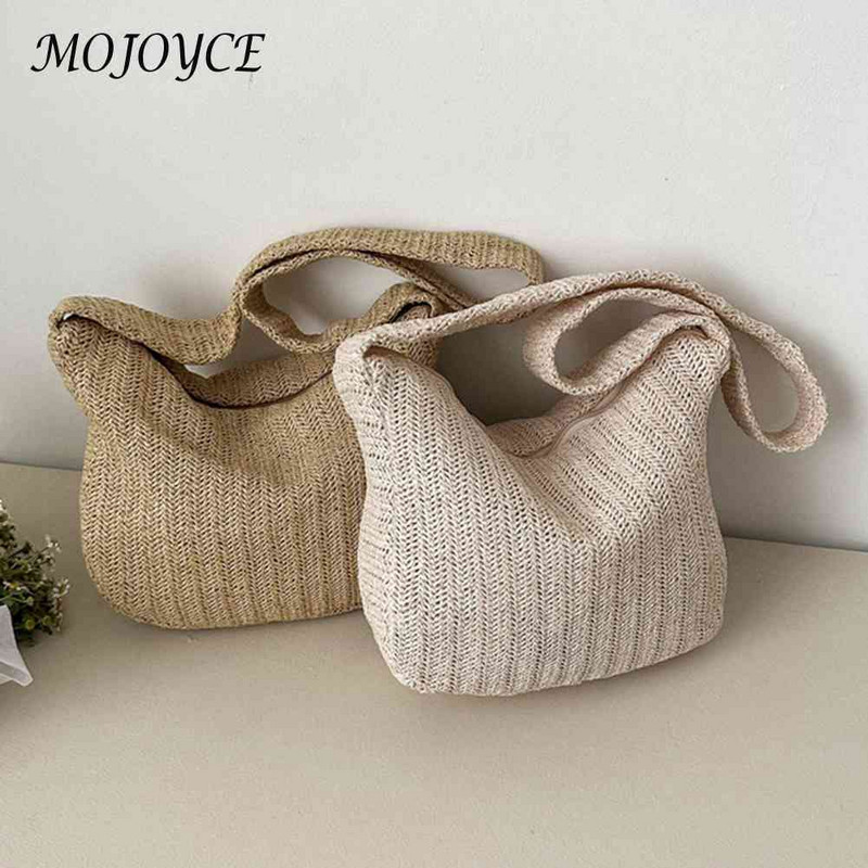 Käsitsi valmistatud kootud kandekott Naistele ühevärvilise õlgkott vabaaja naiste käekott Suure mahutavusega lapiline tõmblukk Naiste reisiõlakott