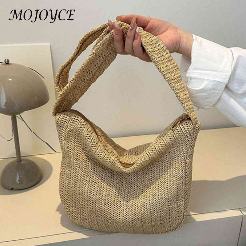 Käsitsi valmistatud kootud kandekott Naistele ühevärvilise õlgkott vabaaja naiste käekott Suure mahutavusega lapiline tõmblukk Naiste reisiõlakott