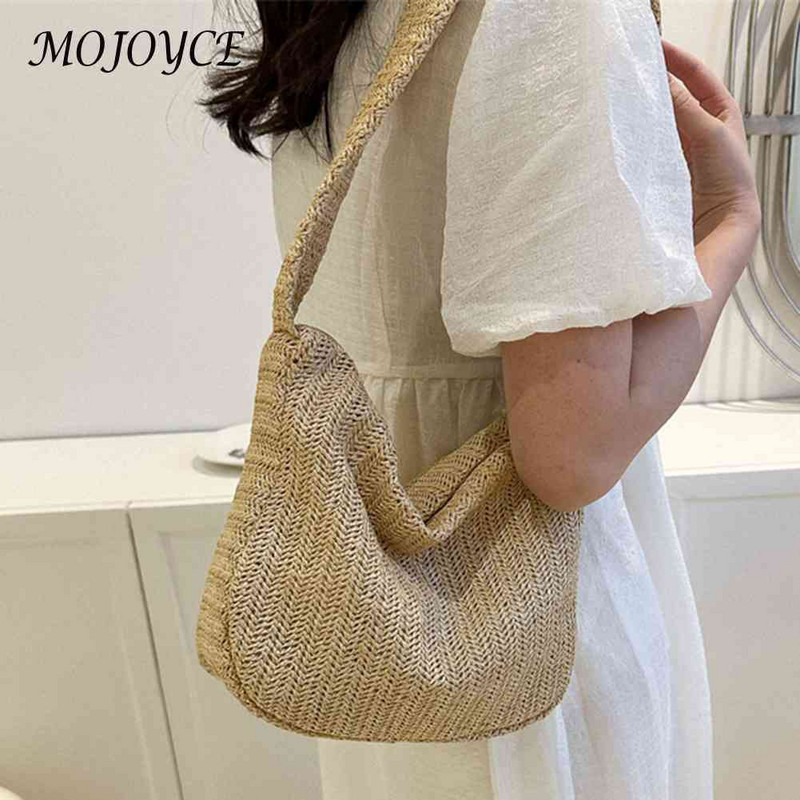 Käsitsi valmistatud kootud kandekott Naistele ühevärvilise õlgkott vabaaja naiste käekott Suure mahutavusega lapiline tõmblukk Naiste reisiõlakott