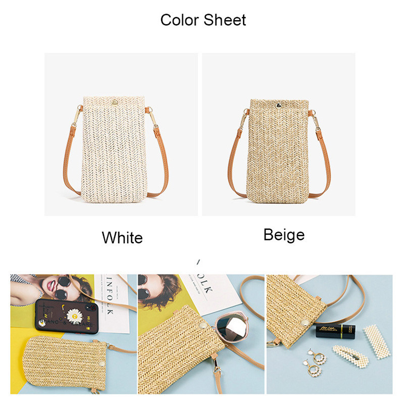Õlgedest kootud väike telefonikott Käsitsi valmistatud kiirustades naiste õlgade ristkehaga käekotid kudumine suvine rand naistele minikott