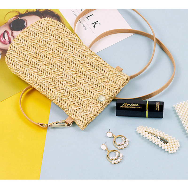 Õlgedest kootud väike telefonikott Käsitsi valmistatud kiirustades naiste õlgade ristkehaga käekotid kudumine suvine rand naistele minikott