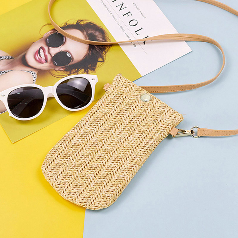 Õlgedest kootud väike telefonikott Käsitsi valmistatud kiirustades naiste õlgade ristkehaga käekotid kudumine suvine rand naistele minikott