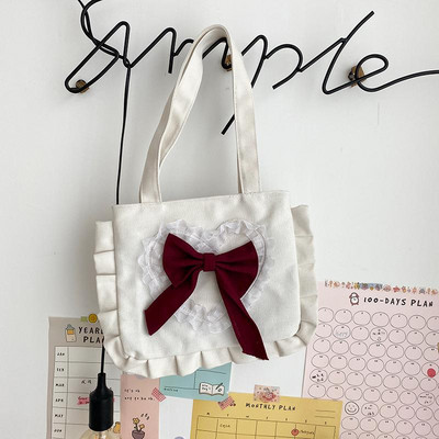 Geantă de umăr pentru fetiță japoneză, geantă de umăr din pânză, cu fundă drăguță, 2020, nou sosită, la modă, cu fungi, geantă de cumpărături de capacitate mare