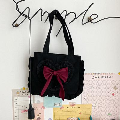 Geantă de umăr pentru fetiță japoneză, geantă de umăr din pânză, cu fundă drăguță, 2020, nou sosită, la modă, cu fungi, geantă de cumpărături de capacitate mare