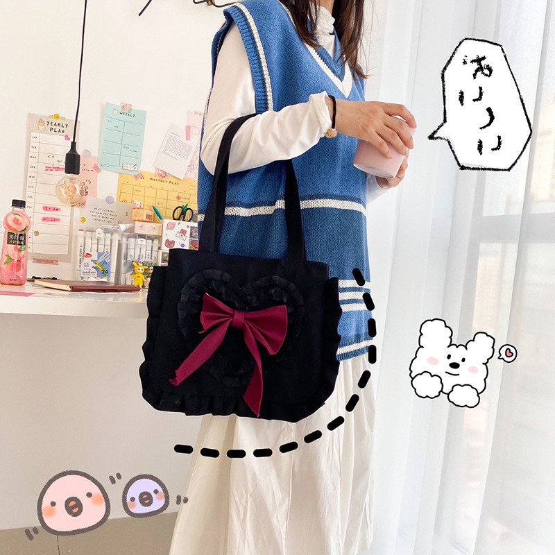 Geantă de umăr pentru fetiță japoneză, geantă de umăr din pânză, cu fundă drăguță, 2020, nou sosită, la modă, cu fungi, geantă de cumpărături de capacitate mare