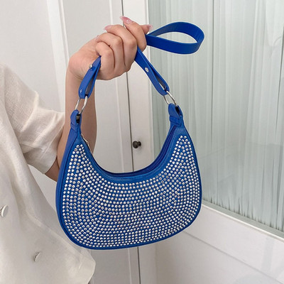Rhinestone õlakotid naistele PU ühevärvilised Half Moon Crossbody kott Designer Crystal Glitter käekotid Naiste kaenlaalused kotid