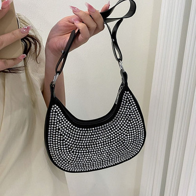 Rhinestone õlakotid naistele PU ühevärvilised Half Moon Crossbody kott Designer Crystal Glitter käekotid Naiste kaenlaalused kotid