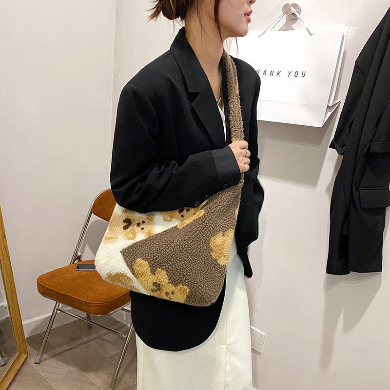 Κορεάτικο στυλ Γυναικεία τσάντα Φθινοπωρινή Χειμώνας Χαριτωμένο βελούδινο ύφασμα Τσάντα ώμου Γούνινη τσάντα αρκουδάκι Ιαπωνική κολεγιακή τσάντα ώμου