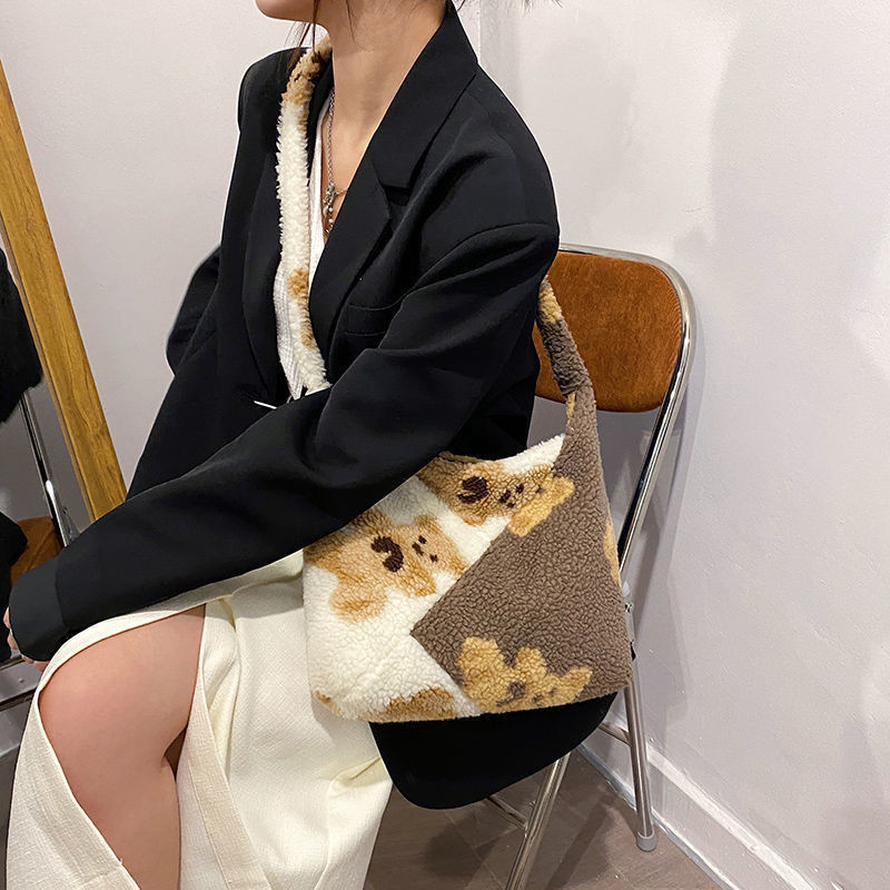 Κορεάτικο στυλ Γυναικεία τσάντα Φθινοπωρινή Χειμώνας Χαριτωμένο βελούδινο ύφασμα Τσάντα ώμου Γούνινη τσάντα αρκουδάκι Ιαπωνική κολεγιακή τσάντα ώμου