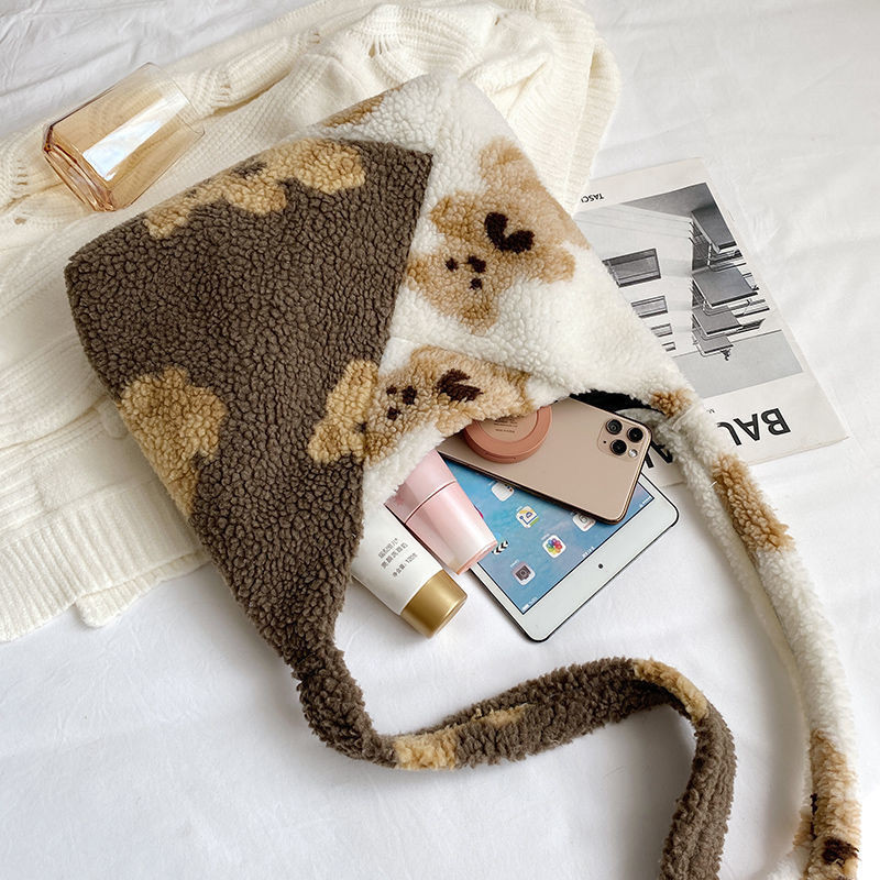Κορεάτικο στυλ Γυναικεία τσάντα Φθινοπωρινή Χειμώνας Χαριτωμένο βελούδινο ύφασμα Τσάντα ώμου Γούνινη τσάντα αρκουδάκι Ιαπωνική κολεγιακή τσάντα ώμου