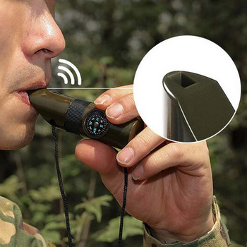 7in1 Emergency Survival Whistle Компас Многофункционален инструмент Лупа Фенерче Контейнер за съхранение Термометър за къмпинг Туризъм
