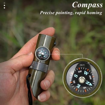 7in1 Emergency Survival Whistle Компас Многофункционален инструмент Лупа Фенерче Контейнер за съхранение Термометър за къмпинг Туризъм