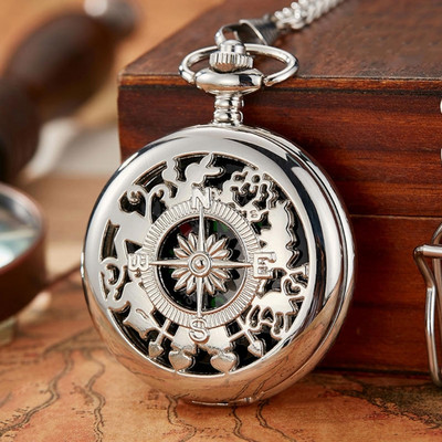 Daudzfunkcionāls kabatas pulksteņa apgriežams atvērts izdzīvošanas kompass vīriešiem Retro iedobes kabatas pulksteņa kompass ar aizdares ķēdi.
