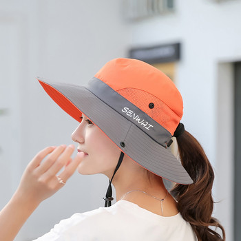 Дамски летни слънчеви шапки с конска опашка UV защита Туризъм Широка периферия Плажна сгъваема мрежеста шапка за риболов