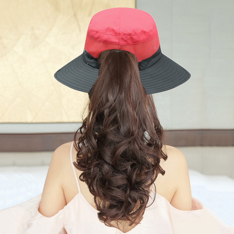Дамски летни слънчеви шапки с конска опашка UV защита Туризъм Широка периферия Плажна сгъваема мрежеста шапка за риболов