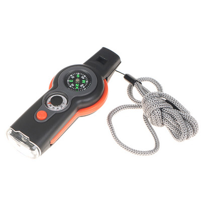 1 db ABS többfunkciós 7 az 1-ben kültéri túlélési síp kulcstartó iránytűvel nagyítós LED fényhőmérővel