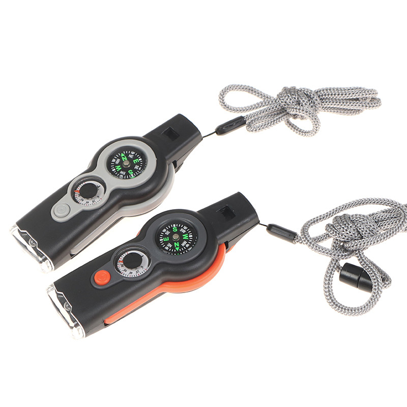 1 db ABS többfunkciós 7 az 1-ben kültéri túlélési síp kulcstartó iránytűvel nagyítós LED fényhőmérővel