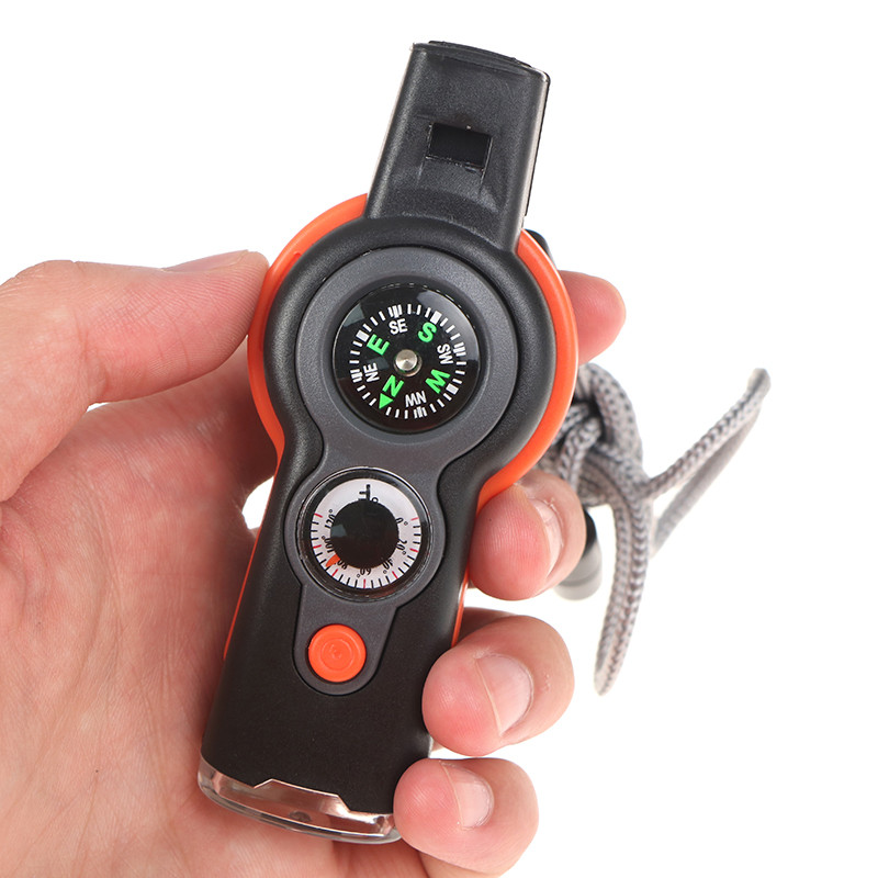 1 db ABS többfunkciós 7 az 1-ben kültéri túlélési síp kulcstartó iránytűvel nagyítós LED fényhőmérővel