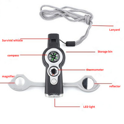 Multifunktsionaalne 7-in1 Outdoor Survival Whistle võtmehoidja koos kompassi luubiga
