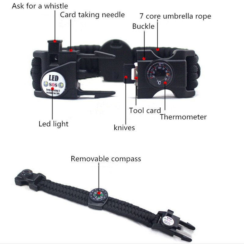 Matkakompassi käevõru LED-tuled vihmavarju-trossi termomeeter telkimiseks jahiks välitingimustes ellujäämiskomplektid