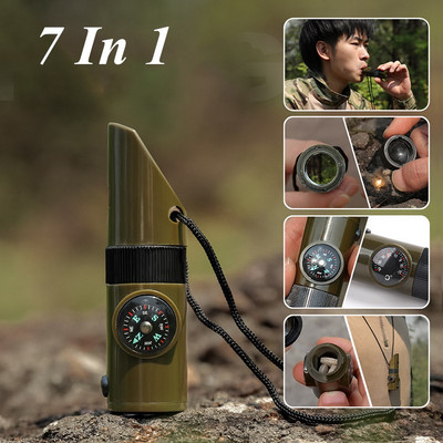 2023 New 7 in1 Emergency Survival Whistle Compass Multifunction Tool Magnifier Flashlight Storage Container Thermometer