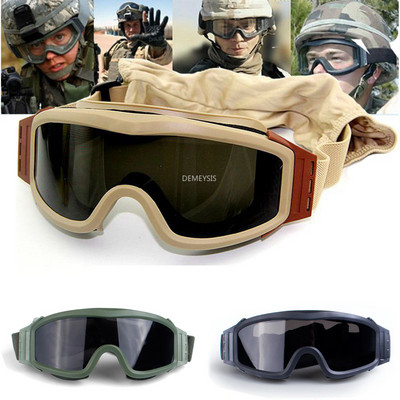 Military Airsoft Tactical Goggles Shooting Glasses Motorcycle Windproof Paintball CS Wargame Hiking 3 Lens Black Tan Green