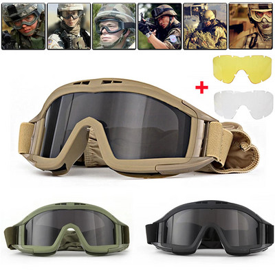 Set de ochelari tactici cu 3 lentile, rezistente la vânt, rezistente la praf, fotografiere, motocross, motociclete, alpinism, protecție militară în siguranță