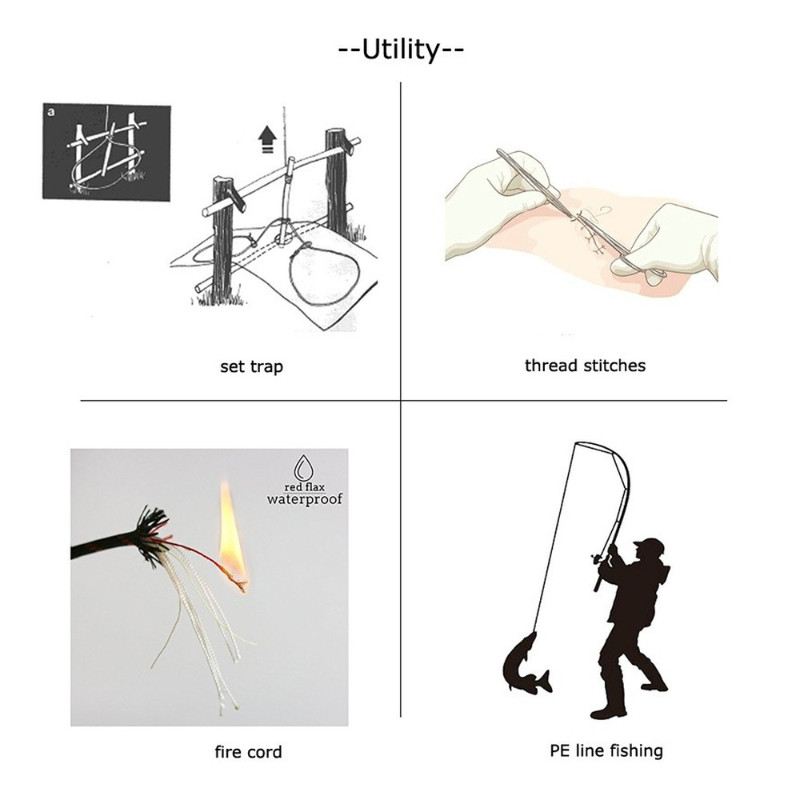 25FT/100FT 550 10-tuumaline Paracord 4 mm välikämpingu ellujäämistööriist PE tuletõrjeköis, puuvillane nöör langevarjuga matkamine